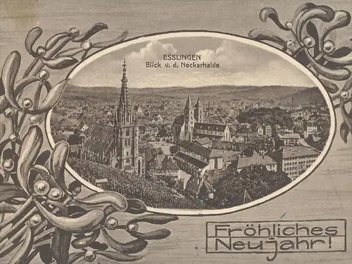 ALTE POSTKARTE ESSLINGEN BLICK VON DER NECKARHALDE FRÖHLICHES NEUJAHR ! new year nouvel an Jugendstil AK Ansichtskarte