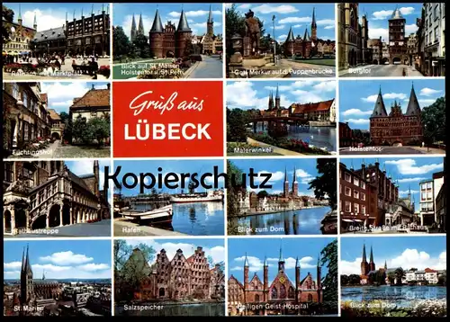 POSTKARTE GRUSS AUS LÜBECK SALZSPEICHER HOSPITAL GOTT MERKUR FÜCHTINGSHOF AK Ansichtskarte BREITE STRASSE cpa postcard
