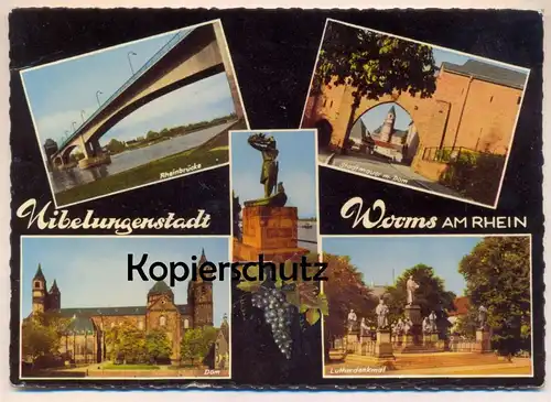 ÄLTERE POSTKARTE NIBELUNGENSTADT WORMS AM RHEIN mit Rheinbrücke Luther-Denkmal Stadtmauer DOM cpa postcard Ansichtskarte