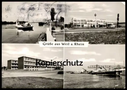 ÄLTERE POSTKARTE GRÜSSE AUS WEIL AM RHEIN Fähre Frachtschiff cargo ship ferry Kran crane grue postcard Ansichtskarte
