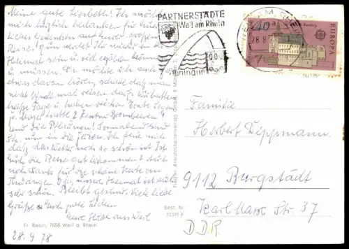 ÄLTERE POSTKARTE GRÜSSE AUS WEIL AM RHEIN Fähre Frachtschiff cargo ship ferry Kran crane grue postcard Ansichtskarte