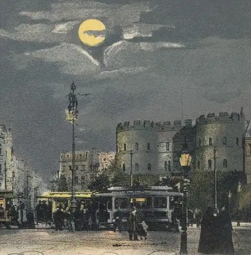 ALTE MONDSCHEIN POSTKARTE CÖLN RUDOLFPLATZ BEI NACHT 1905 Strassenbahn Tram Hohenzollernring Moonlight Night Köln AK cpa