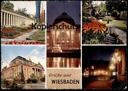 ÄLTERE POSTKARTE GRÜSSE AUS WIESBADEN BRUNNENKOLLONADE KURHAUS KURPARK THEATER ALTES RATHAUS DRUCKFEHLER cpa postcard