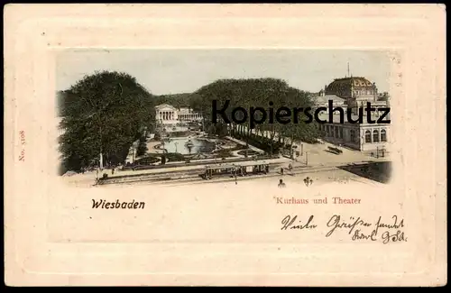 ALTE PASSEPARTOUT POSTKARTE WIESBADEN KURHAUS UND THEATER STRASSENBAHN Tram Tramway théatre Ansichtskarte cpa postcard