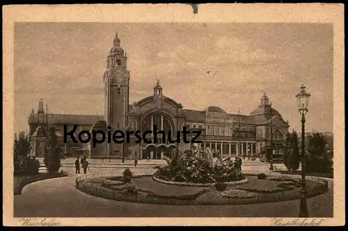 ALTE POSTKARTE WIESBADEN HAUPTBAHNHOF Bahnhof gare central station Strassenbahn Tram Tramway Ansichtskarte cpa postcard