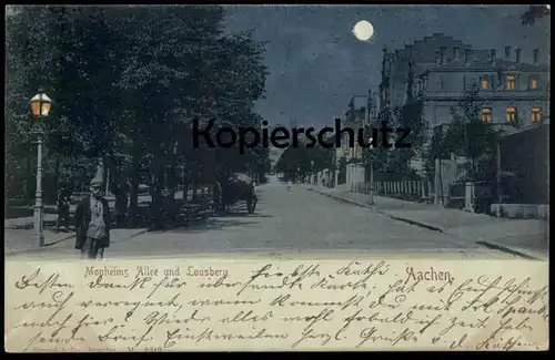 ALTE MONDSCHEIN POSTKARTE AACHEN MONHEIMS ALLEE & LOUSBERG 1899 RÖTLICHE FENSTER moonlight postcard cpa clair de lune