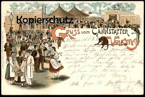 ALTE LITHO POSTKARTE VOLKSFEST BAD CANNSTATT 1898 Circus Zirkus cirque Kirmes kermesse ducasse fun fair Papagei ape