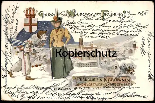 ALTE WINTER LITHO POSTKARTE GRUSS AUS DER NARRENSTADT FREIBURG FRIBURGIA CARNEVAL KARNEVAL carnival carnaval clown cpa