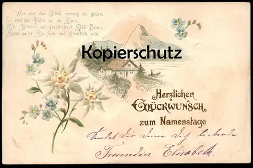 ALTE POSTKARTE GLÜCKWUNSCH ZUM NAMENSTAG PRÄGEKARTE EMBOSSED Edelweiß Edelweiss gauffrée gaufrée Ansichtskarte postcard