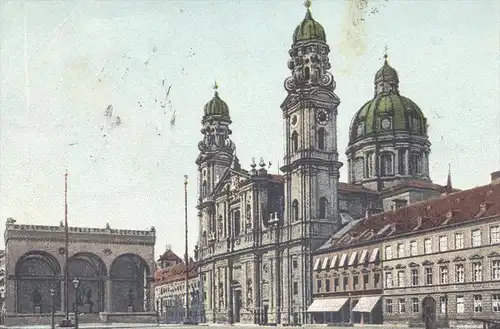 ALTE LITHO POSTKARTE GRUSS AUS MÜNCHEN 1899 THEATINERKIRCHE MIT FELDHERRNHALLE AK Ansichtskarte postcard cpa