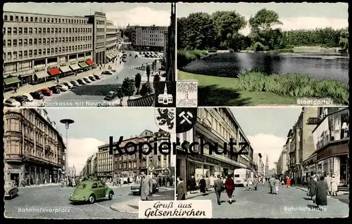 ÄLTERE POSTKARTE GRUSS AUS GELSENKIRCHEN SPARKASSE NEUMARKT BAHNHOFSVORPLATZ STADTGARTEN Volkswagen VW Käfer Wappen AK