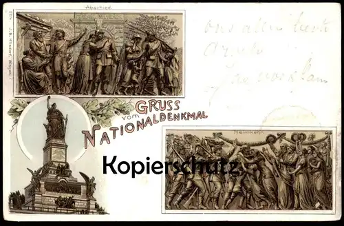 ALTE LITHO POSTKARTE GRUSS VOM NATIONALDENKMAL RÜDESHEIM ABSCHIED HEIMKEHR STEMPEL 09.09.99 stamp Niederwalddenkmal