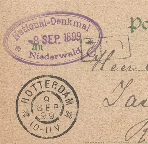 ALTE LITHO POSTKARTE GRUSS VOM NATIONALDENKMAL RÜDESHEIM ABSCHIED HEIMKEHR STEMPEL 09.09.99 stamp Niederwalddenkmal