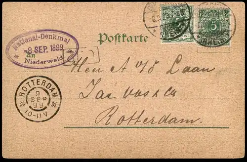 ALTE LITHO POSTKARTE GRUSS VOM NATIONALDENKMAL RÜDESHEIM ABSCHIED HEIMKEHR STEMPEL 09.09.99 stamp Niederwalddenkmal
