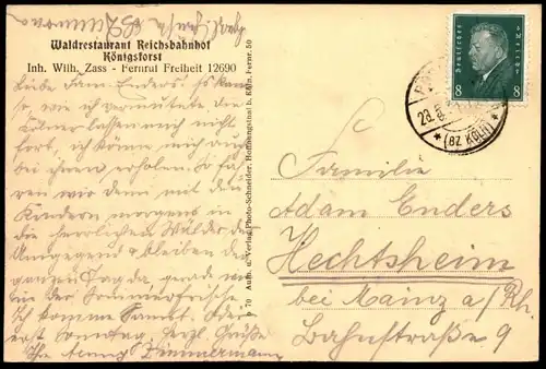 ALTE POSTKARTE RESTAURANT ZUM WALDHAUS IM KÖNIGSFORST KÖLN INH. WILH. ZASS Cöln Ansichtskarte AK cpa postcard
