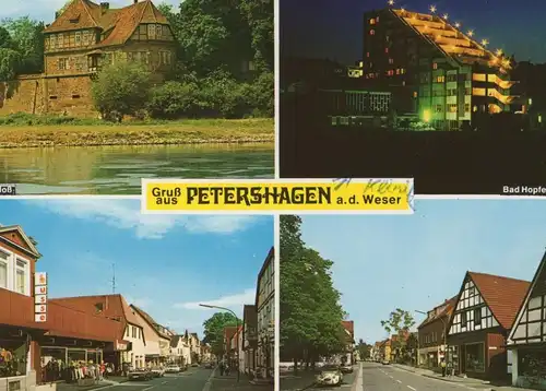 ÄLTERE POSTKARTE GRUSS AUS PETERSHAGEN AN DER WESER HAUPTSTRASSE MINDENER STRASSE SCHLOSS AK cpa postcard Ansichtskarte