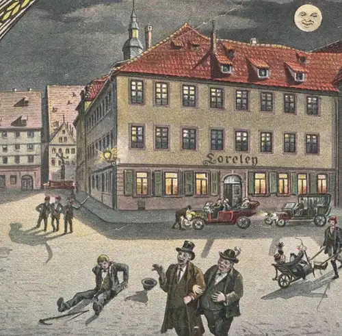 ALTE LITHO POSTKARTE PROSIT GRUSS AUS COBURG LORELEY GASTSTÄTTE LORE Mond Alkohol alcohol drunken postcard Schubkarre