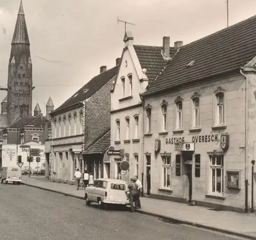 ÄLTERE POSTKARTE RHEINE IBBENBÜRENER STRASSE ZOO WEBER LEBENSMITTEL BÜCKER BAUSTOFFE MÖLLER OVERESCH ESSO TANKSTELLE AK