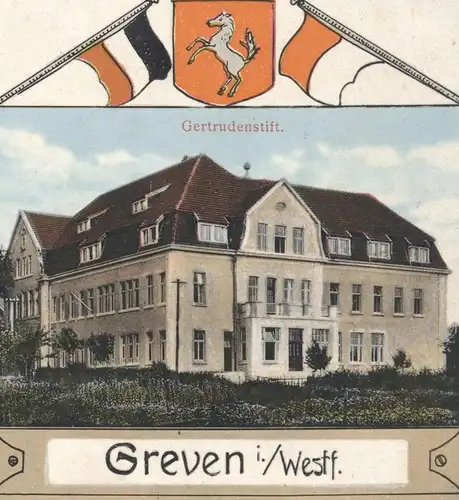 ALTE JUGENDSTIL POSTKARTE GREVEN GERTRUDENSTIFT KATHOLISCHE KIRCHE WAPPEN FLAGGEN Ansichtskarte AK cpa postcard