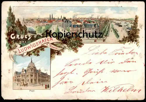 ALTE LITHO POSTKARTE GRUSS AUS LUDWIGSHAFEN TOTALANSICHT POST Totale Ansichtskarte postcard cpa AK