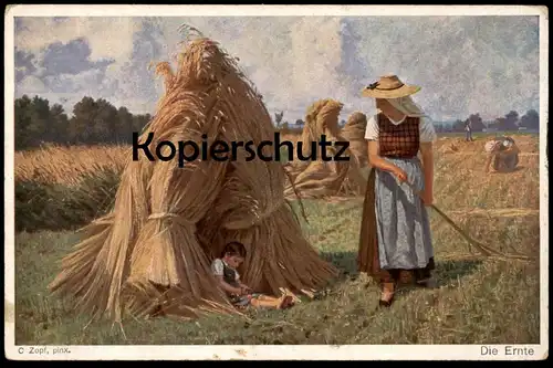 ALTE KÜNSTLER POSTKARTE DIE ERNTE C. ZOPF HEU GETREIDE Mädchen Kind harvest crop récolte Bauer farmer postcard AK cpa
