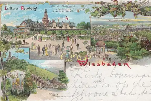 ALTE LITHO POSTKARTE GRUSS AUS WIESBADEN LUFTKURORT NEROBERG WEINHANDLUNG GEBRÜDER KRELL AK Ansichtskarte cpa postcard
