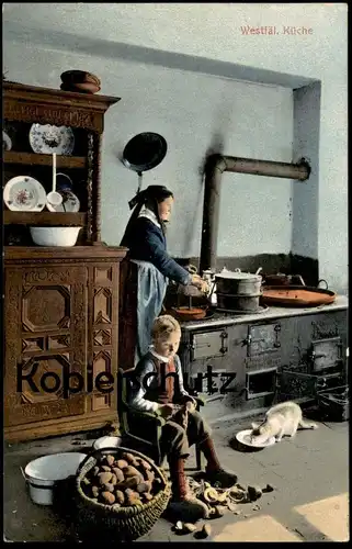 ALTE POSTKARTE WESTFÄLISCHE KÜCHE TRACHT KARTOFFEL SCHÄLEN OFEN KATZE BAUER WESTFALEN kitchen cpa Ansichtskarte postcard