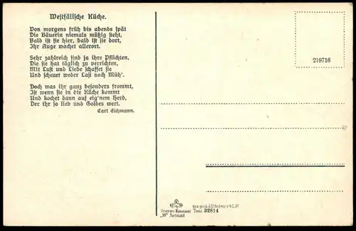 ALTE POSTKARTE WESTFÄLISCHE KÜCHE TRACHT KARTOFFEL SCHÄLEN OFEN KATZE BAUER WESTFALEN kitchen cpa Ansichtskarte postcard