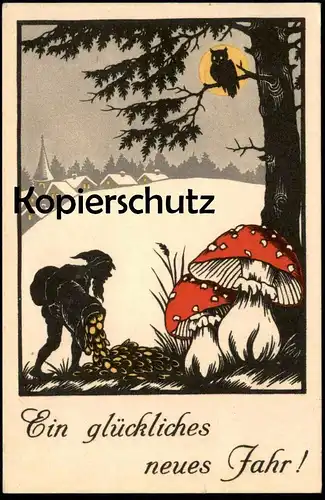 ALTE POSTKARTE EIN GLÜCKLICHES NEUES JAHR ZWERG EULE FLIEGENPILZ fyl agaric dwarf nain owl Uhu midget toadstool postcard