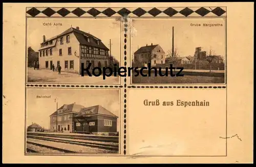 ALTE POSTKARTE GRUSS AUS ESPENHAIN GRUBE MARGARETHE BAHNHOF CAFÉ APITZ RÖTHA station gare mine postcard Ansichtskarte