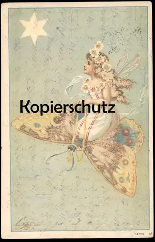 ALTE POSTKARTE MÄDCHEN MIT SCHMETTERLINGSFLÜGEL AUF SCHMETTERLING PAPILLON FEE ELFE butterfly Fantasie AK Ansichtskarte