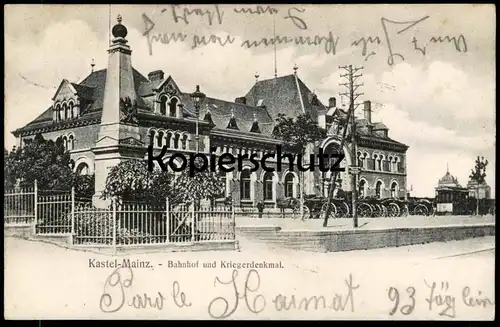 ALTE POSTKARTE KASTEL - MAINZ BAHNHOF UND KRIEGERDENKMAL DENKMAL gare station Ansichtskarte cpa postcard AK
