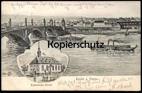 ALTE LITHO POSTKARTE KASTEL AM RHEIN KATHOLISCHE KIRCHE MAINZ DAMPFER SCHIFF PANORAMA Ansichtskarte cpa postcard AK