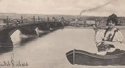 ALTE POSTKARTE MAINZ KASTEL AM RHEIN WEINKÖNIGIN AUF BOOT FRAU Rheinwein Ansichtskarte cpa postcard AK