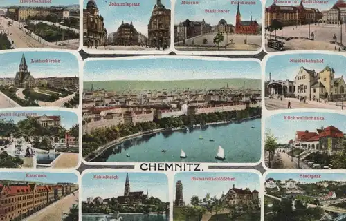 ALTE POSTKARTE CHEMNITZ KASERNEN MUSEUM STADTTHEATER SCHILLINGSFIGUREN BAHNHOF KIRCHE Ansichtskarte cpa postcard AK