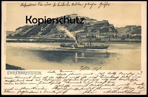 ALTE KÜNSTLER POSTKARTE EHRENBREITSTEIN RADDAMPFER DAMPFER Coblenz Koblenz 1898 Bahnpost Ansichtskarte cpa postcard AK