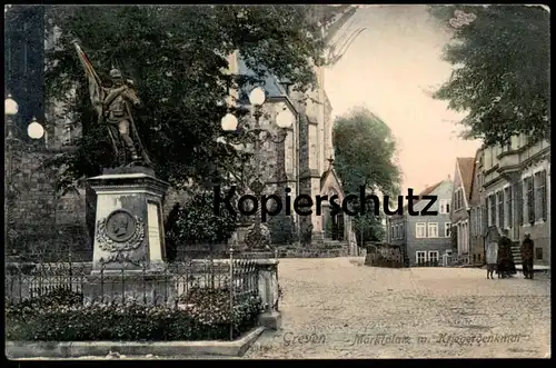 ALTE POSTKARTE GREVEN MARKTPLATZ MIT KRIEGERDENKMAL 1910 Krieger-Denkmal Strassenlampen Ansichtskarte cpa postcard AK