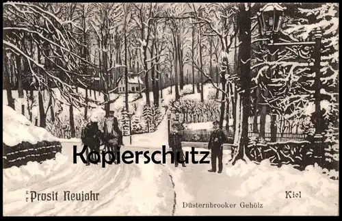 ALTE POSTKARTE KIEL 1908 PROSIT NEUJAHR DÜSTERNBROOKER GEHÖLZ Düsternbrook Winter Schnee snow Uniform Pferde postcard AK