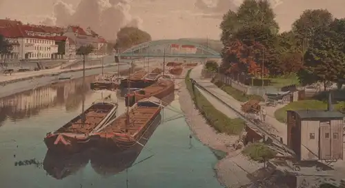 ALTE POSTKARTE SAARBRÜCKEN SAARPARTIE MIT KAISER FRIEDRICHS-BRÜCKE Frachtschiff cargo ship Kran grue crane cpa AK