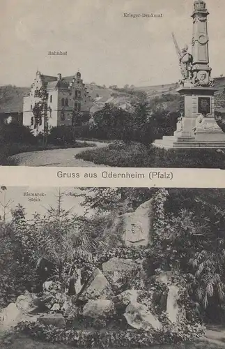 ALTE POSTKARTE GRUSS AUS ODERNHEIM PFALZ BISMARCKSTEIN BAHNHOF KRIEGER-DENKMAL AM GLAN NAHE-GLAN Ansichtskarte postcard