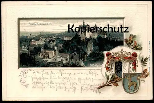 ALTE PRÄGE POSTKARTE SIGMARINGEN SCHLOSS PASSEPARTOUT WAPPEN castle chateau cpa AK Ansichtskarte postcard