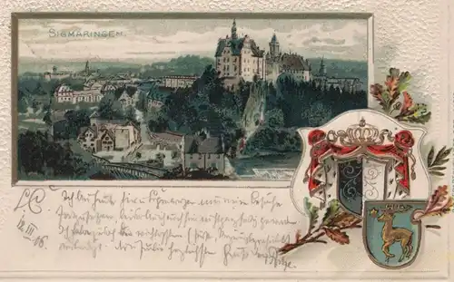 ALTE PRÄGE POSTKARTE SIGMARINGEN SCHLOSS PASSEPARTOUT WAPPEN castle chateau cpa AK Ansichtskarte postcard