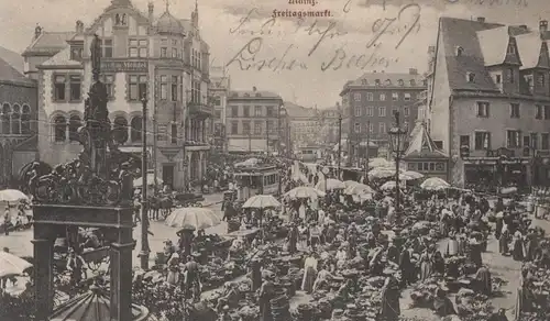 ALTE POSTKARTE MAINZ FREITAGSMARKT MARKT marché market Strassenbahn tram tramway postcard Ansichtskarte cpa AK