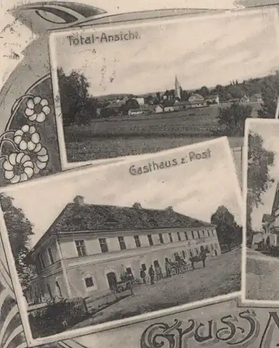 ALTE POSTKARTE GRUSS AUS MENGKOFEN GASTHAUS ZUR POST VILLA LANDES HANDLUNG SELMAYR TOTAL-ANSICHT SCHLOSS UND KIRCHE