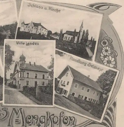 ALTE POSTKARTE GRUSS AUS MENGKOFEN GASTHAUS ZUR POST VILLA LANDES HANDLUNG SELMAYR TOTAL-ANSICHT SCHLOSS UND KIRCHE