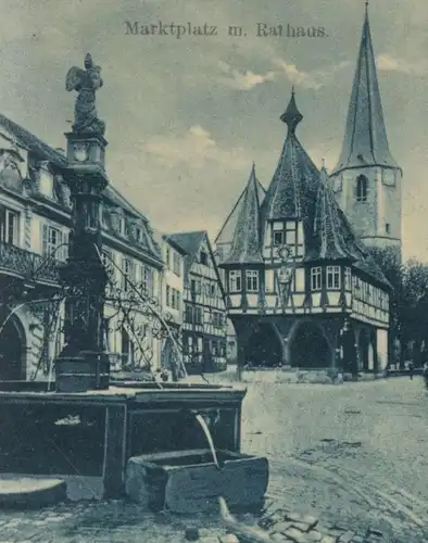 ALTE POSTKARTE GRUSS AUS MICHELSTADT MARKTPLATZ MIT RATHAUS F. RAMANN BUCHHANDLUNG MUSIKALIEN postcard Ansichtskarte cpa