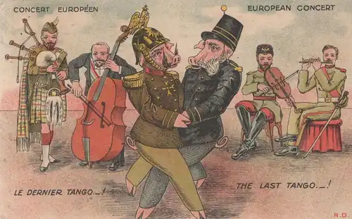 ALTE POSTKARTE VERMENSCHLICHTE SCHWEINE HUMANISED PIGS COCHON HUMANISE Politik Satire Europa postcard dance last tango