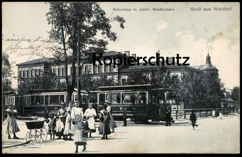 ALTE POSTKARTE GRUSS AUS WALDHOF SCHULHAUS MIT ELEKTRISCHER STRASSENBAHN MANNHEIM tram tramway Ansichtskarte postcard AK