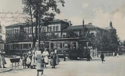 ALTE POSTKARTE GRUSS AUS WALDHOF SCHULHAUS MIT ELEKTRISCHER STRASSENBAHN MANNHEIM tram tramway Ansichtskarte postcard AK