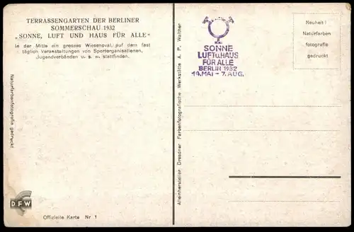 ALTE POSTKARTE TERRASSENGARTEN DER BERLINER SOMMERSCHAU 1932 SONNE LUFT UND HAUS FÜR ALLE BERLIN Ansichtskarte postcard